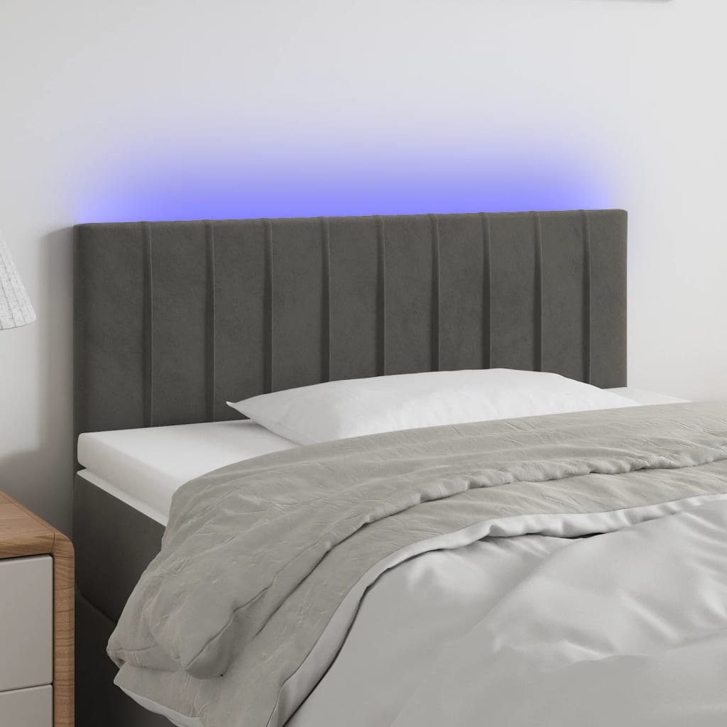 sengegavl med LED-lys 100x5x78/88 cm fløjl mørkegrå