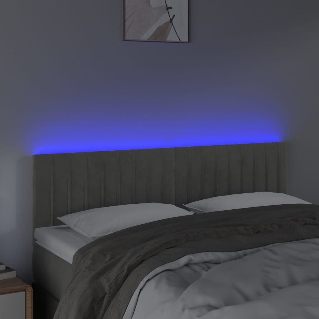sengegavl med LED-lys 144x5x78/88 cm fløjl lysegrå
