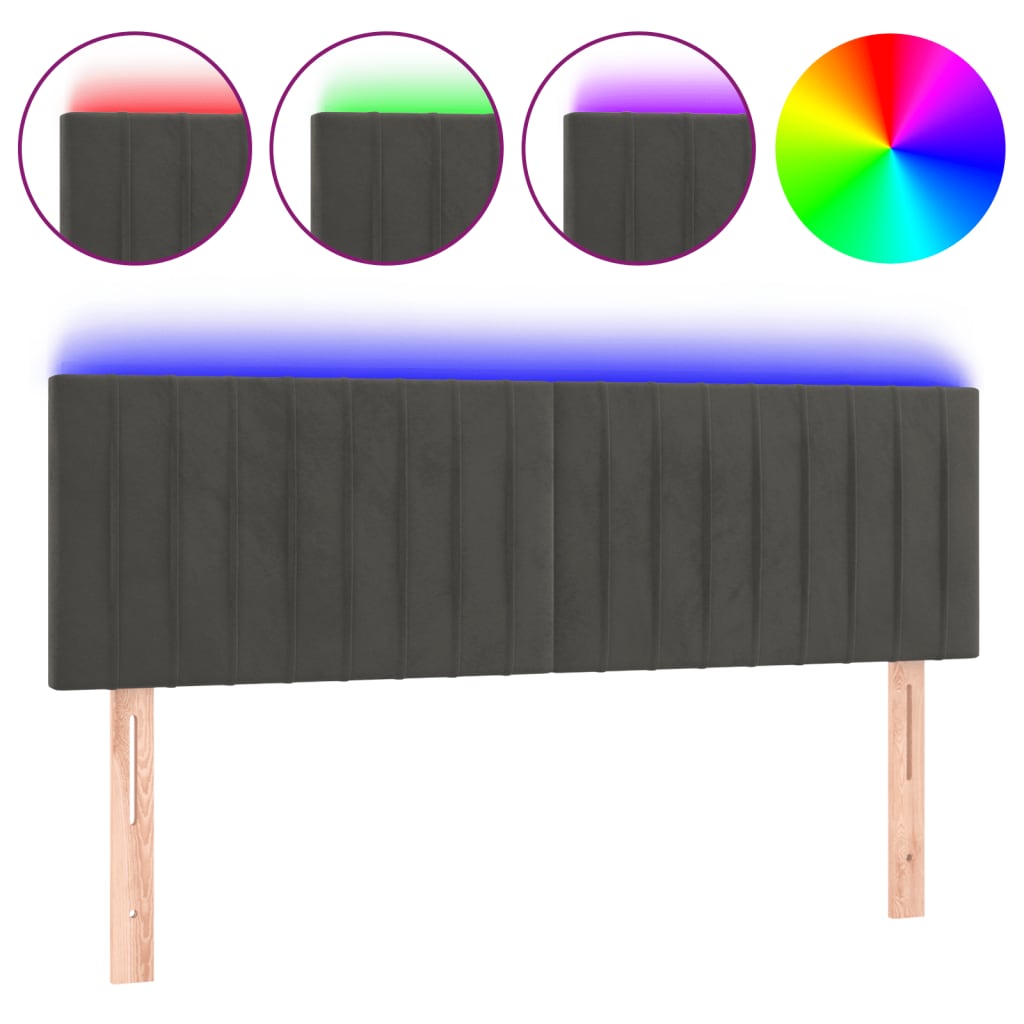 sengegavl med LED-lys 144x5x78/88 cm fløjl mørkegrå