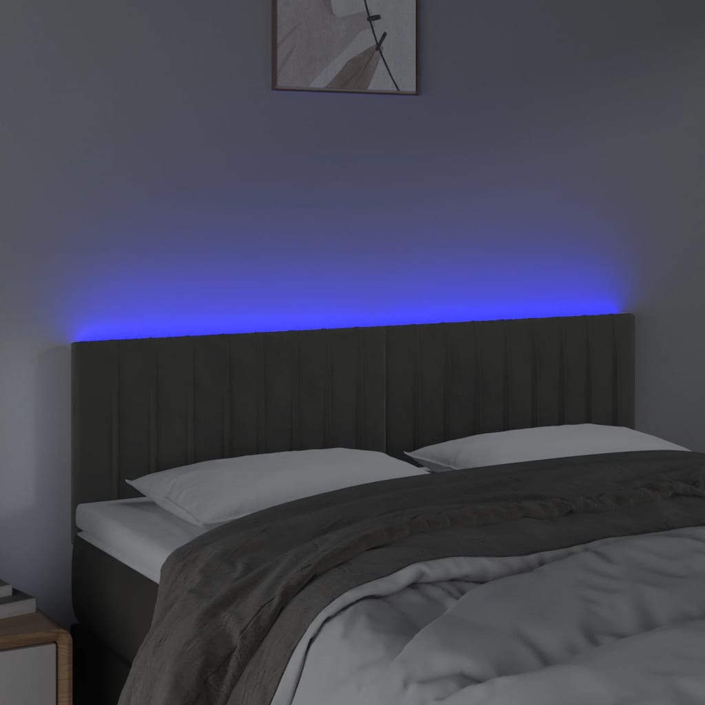 sengegavl med LED-lys 144x5x78/88 cm fløjl mørkegrå