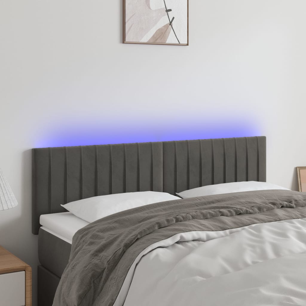 sengegavl med LED-lys 144x5x78/88 cm fløjl mørkegrå