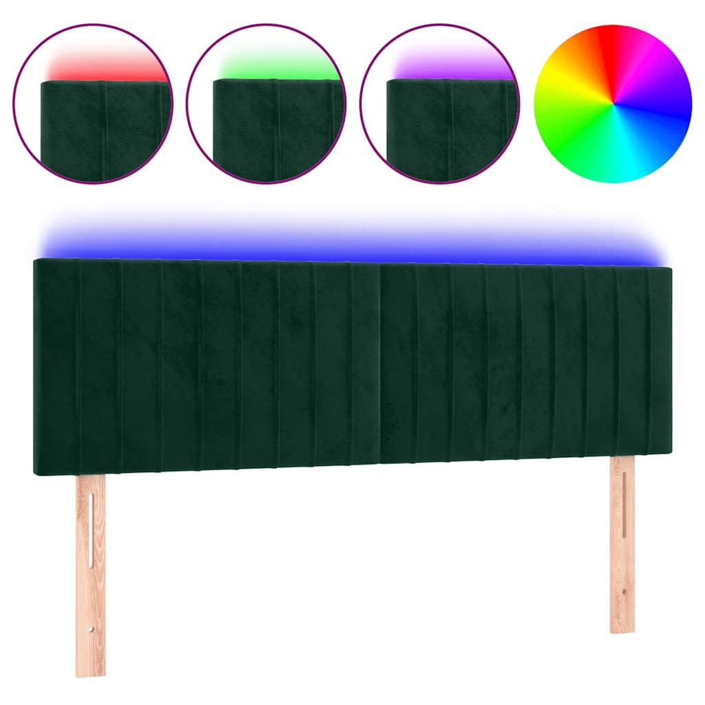 sengegavl med LED-lys 144x5x78/88 cm fløjl mørkegrøn