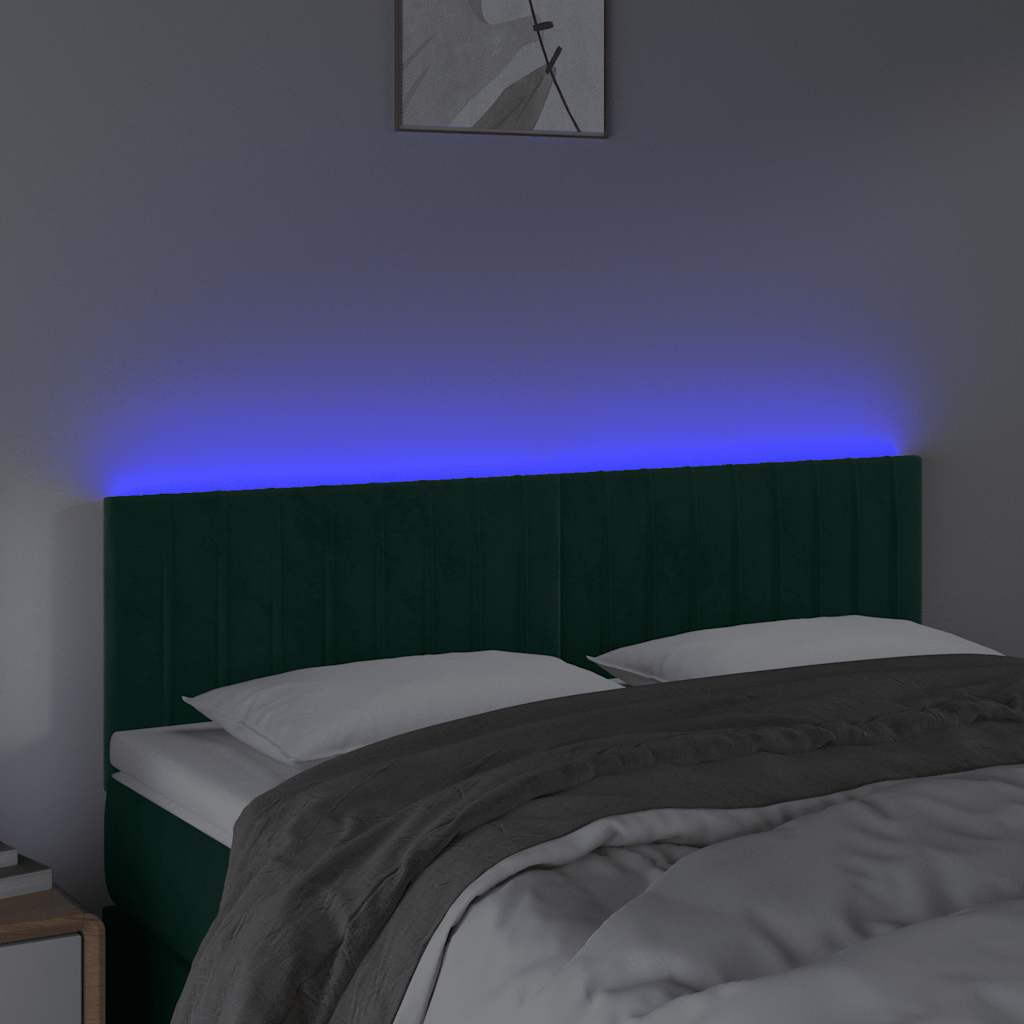 sengegavl med LED-lys 144x5x78/88 cm fløjl mørkegrøn