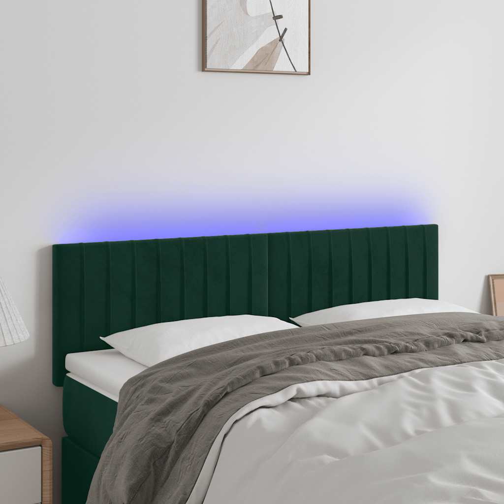 sengegavl med LED-lys 144x5x78/88 cm fløjl mørkegrøn