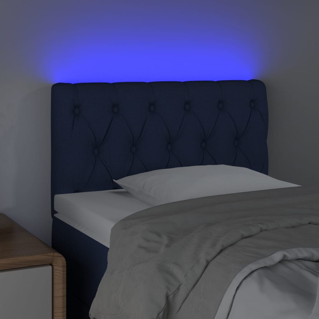 sengegavl med LED-lys 80x7x78/88 cm stof blå