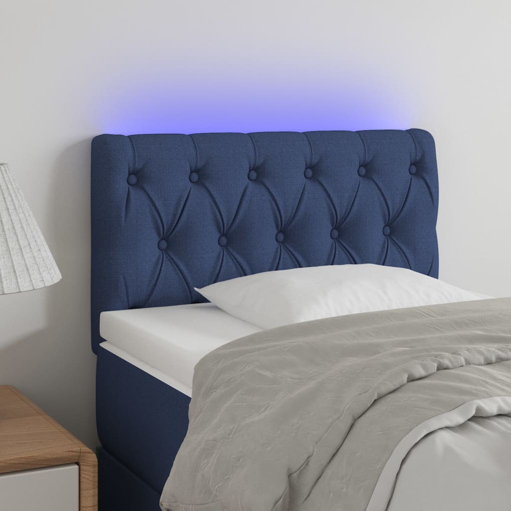 sengegavl med LED-lys 80x7x78/88 cm stof blå