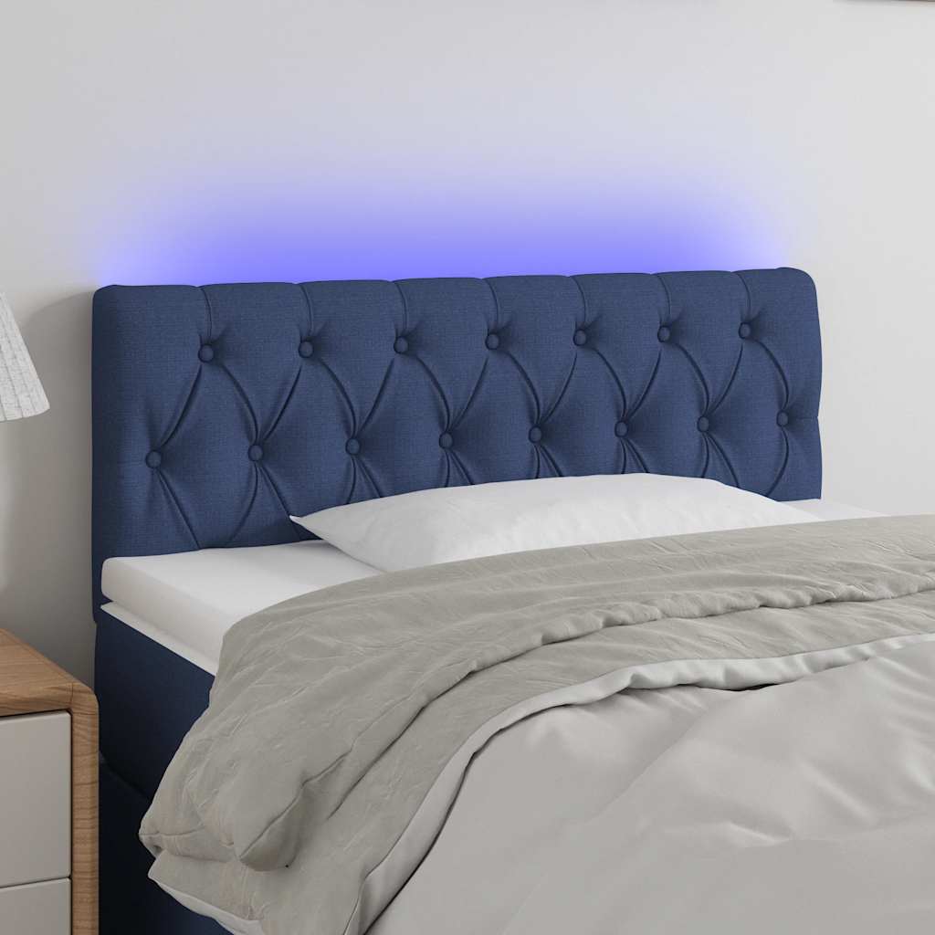sengegavl med LED-lys 100x7x78/88 cm stof blå