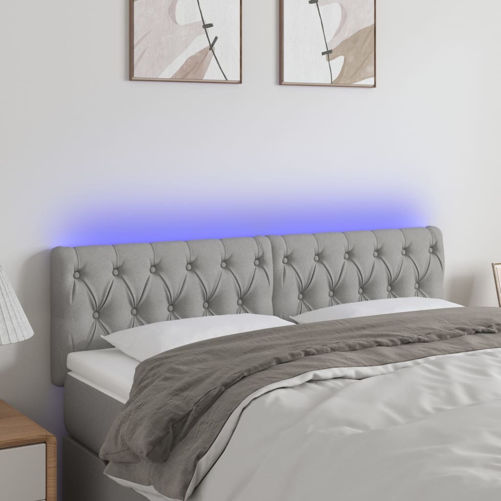 sengegavl med LED-lys 144x7x78/88 cm stof lysegrå