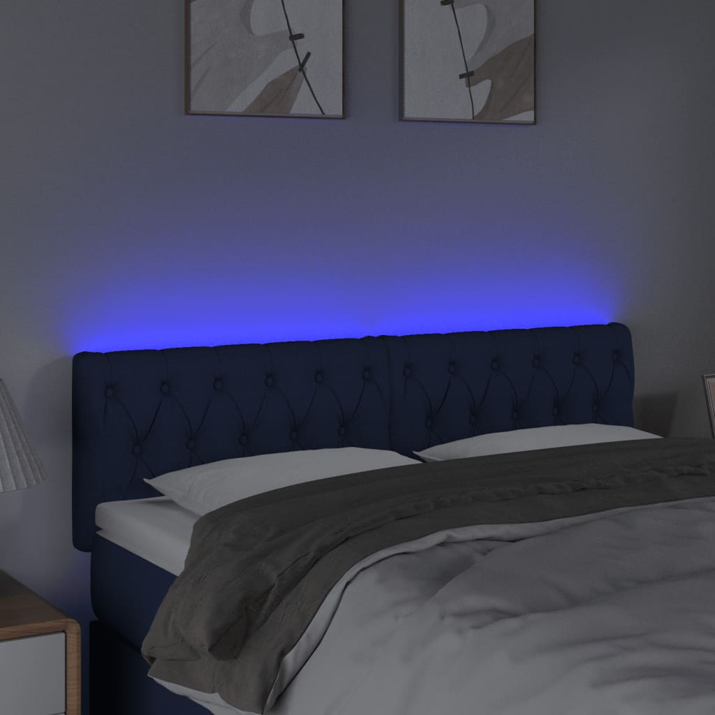 sengegavl med LED-lys 144x7x78/88 cm stof blå