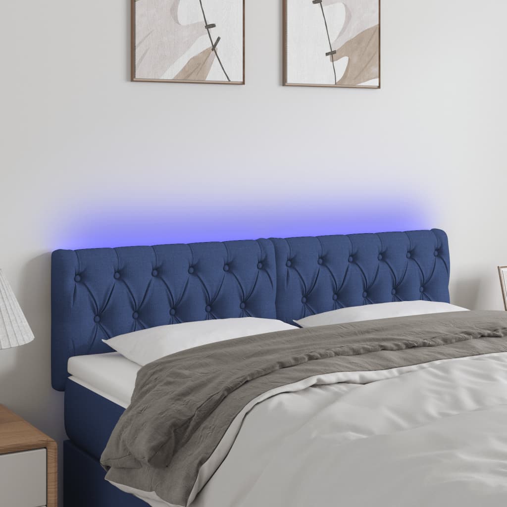 sengegavl med LED-lys 160x7x78/88 cm stof blå