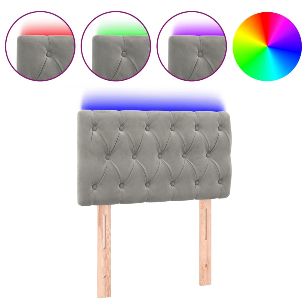 sengegavl med LED-lys 80x7x78/88 cm velour lysegrå