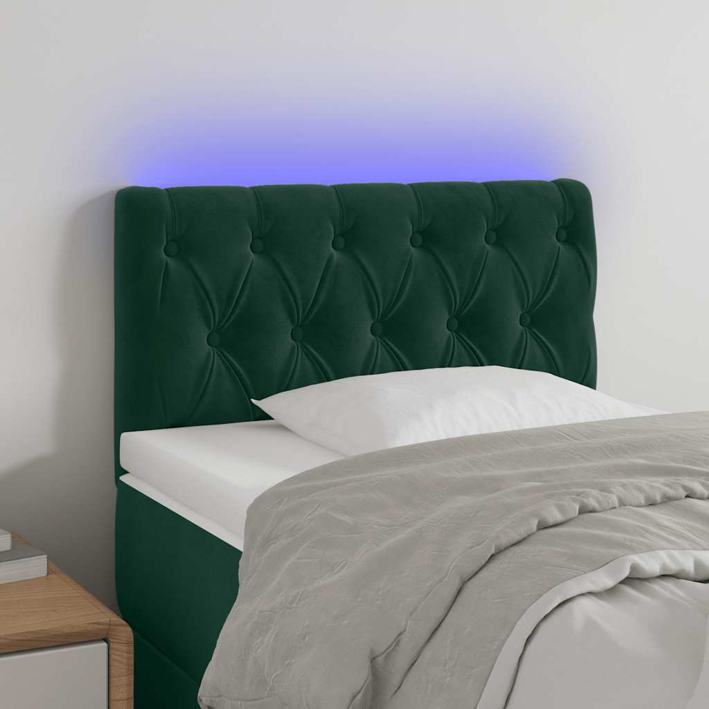 sengegavl med LED-lys 80x7x78/88 cm velour mørkegrøn