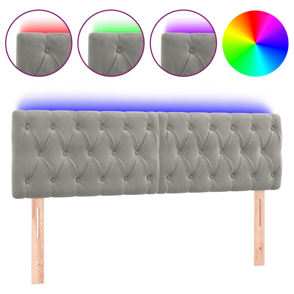 sengegavl med LED-lys 144x7x78/88 cm velour lysegrå
