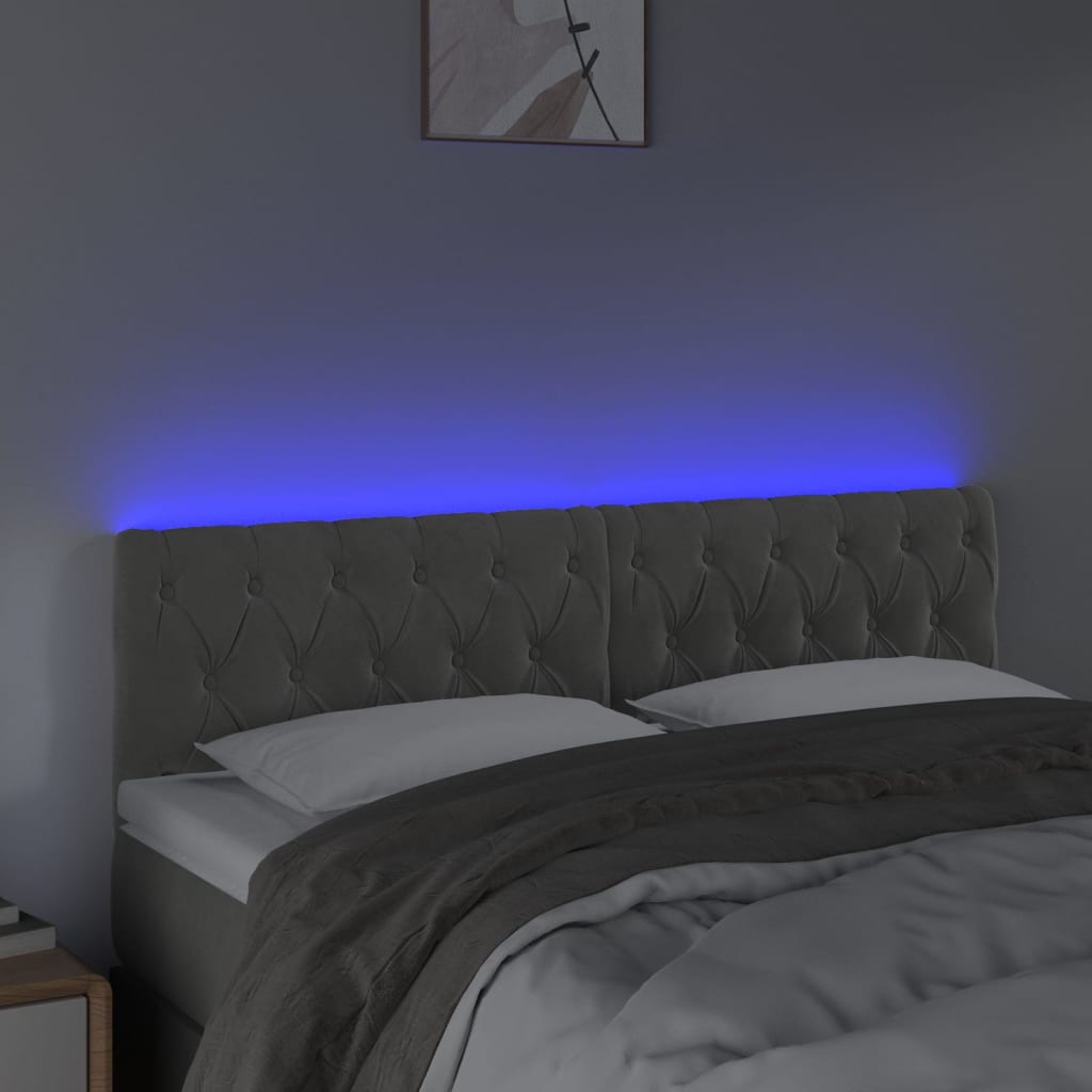 sengegavl med LED-lys 144x7x78/88 cm velour lysegrå