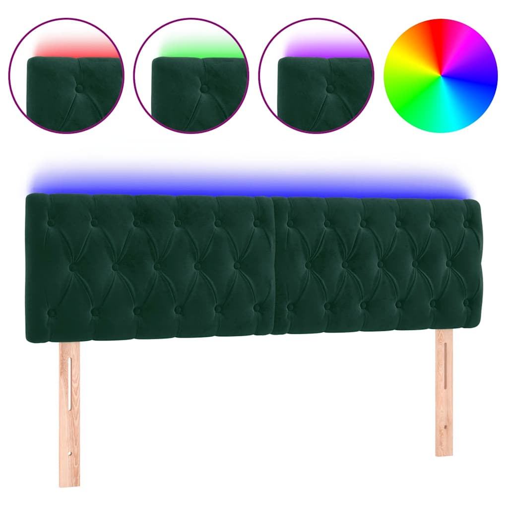 sengegavl med LED-lys 144x7x78/88 cm velour mørkegrøn