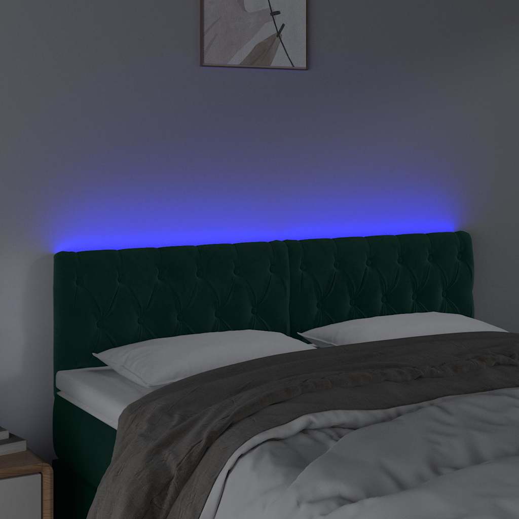 sengegavl med LED-lys 144x7x78/88 cm velour mørkegrøn