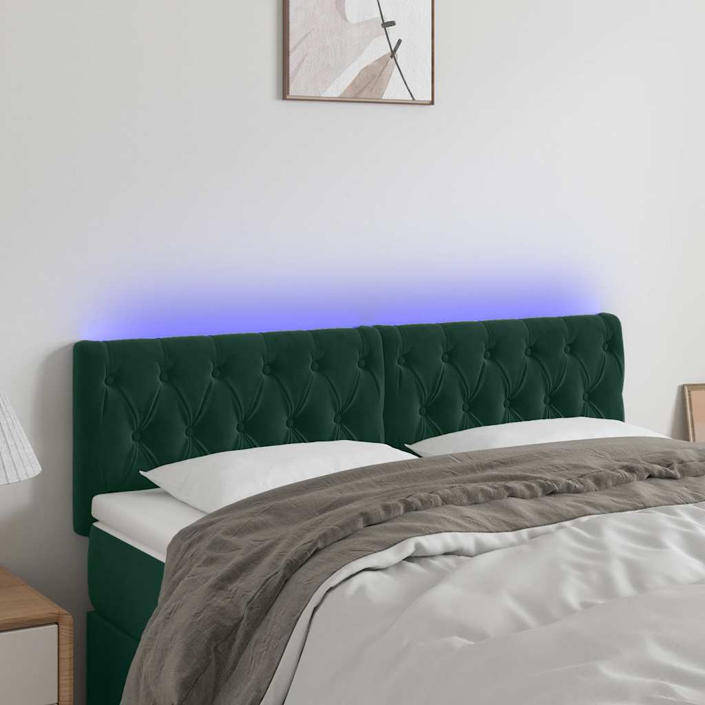 sengegavl med LED-lys 144x7x78/88 cm velour mørkegrøn