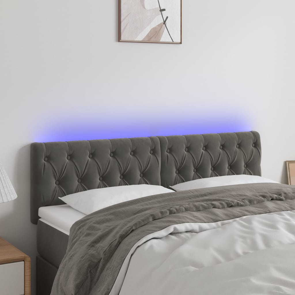sengegavl med LED-lys 160x7x78/88 cm velour mørkegrå