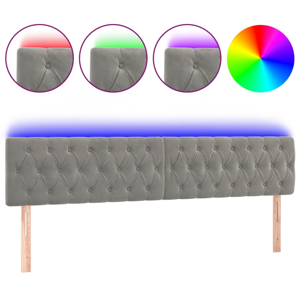sengegavl med LED-lys 180x7x78/88 cm velour lysegrå