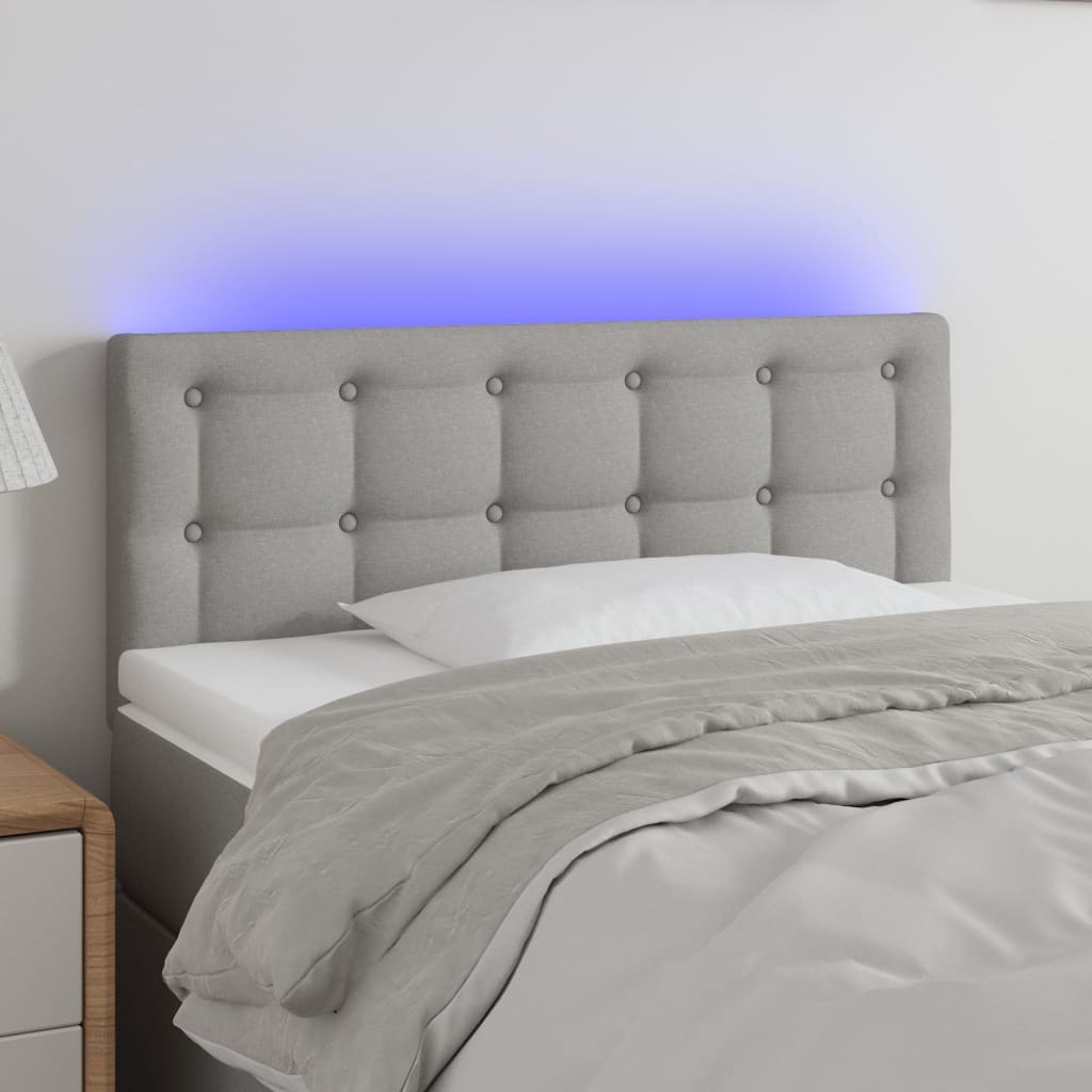 sengegavl med LED-lys 80x5x78/88 cm stof lysegrå