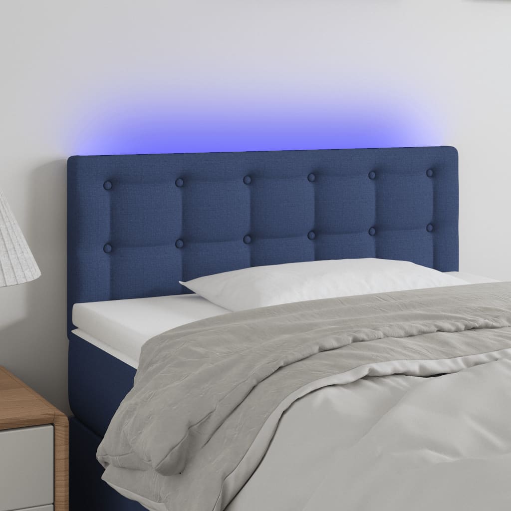 sengegavl med LED-lys 90x5x78/88 cm stof blå