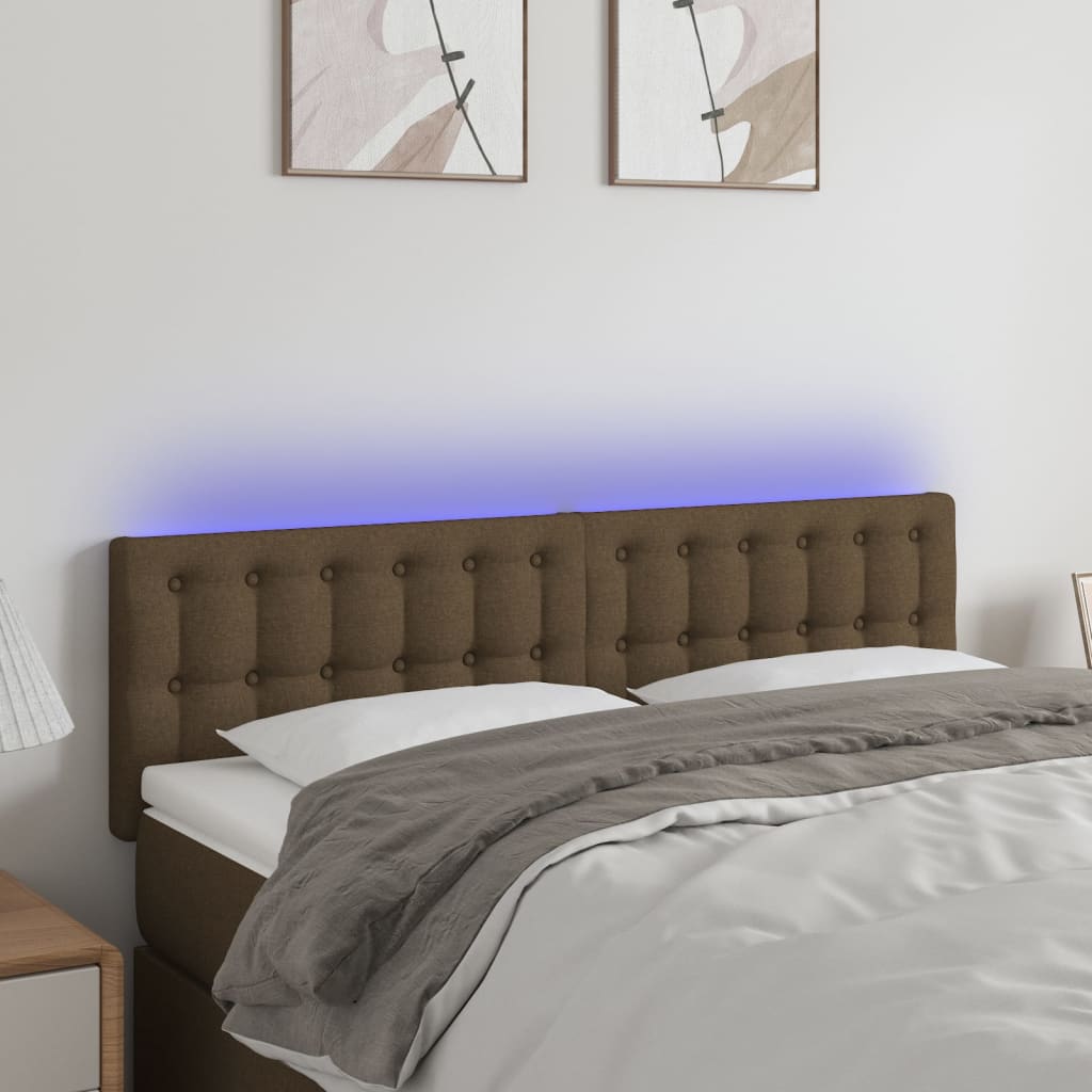 sengegavl med LED-lys 144x5x78/88 cm stof mørkebrun