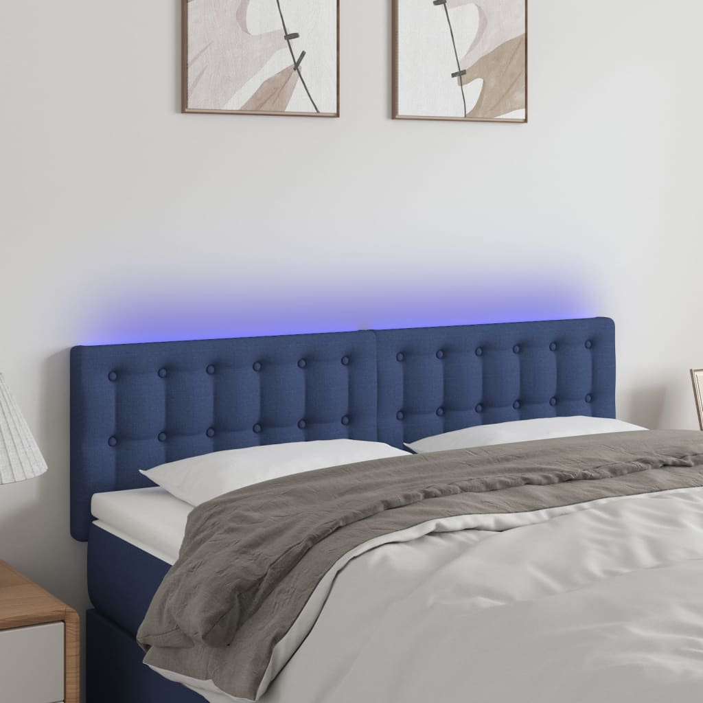 sengegavl med LED-lys 144x5x78/88 cm stof blå