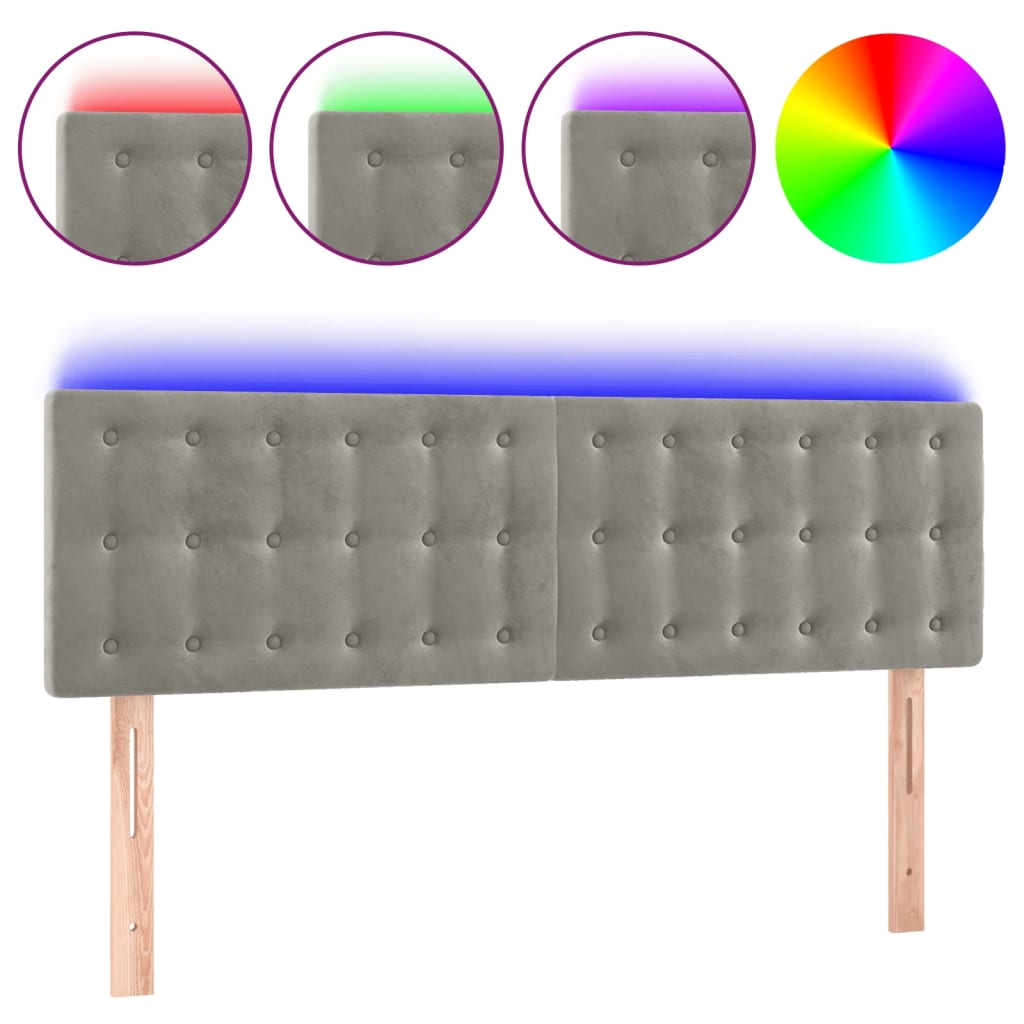 sengegavl med LED-lys 144x5x78/88 cm fløjl lysegrå