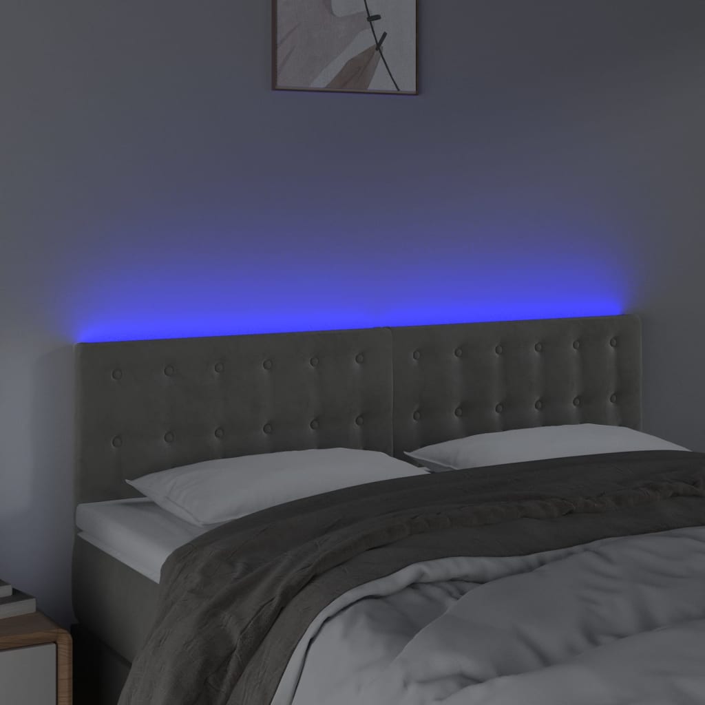 sengegavl med LED-lys 144x5x78/88 cm fløjl lysegrå