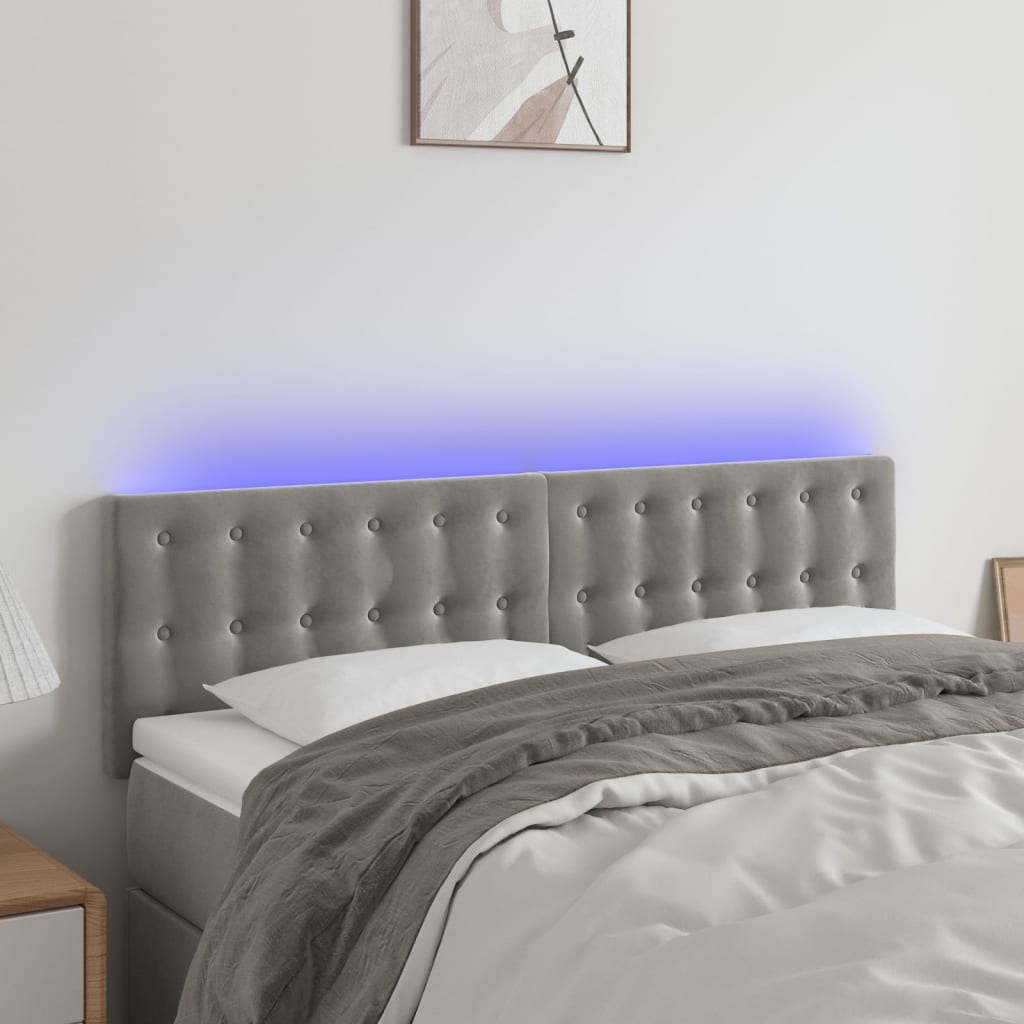 sengegavl med LED-lys 144x5x78/88 cm fløjl lysegrå
