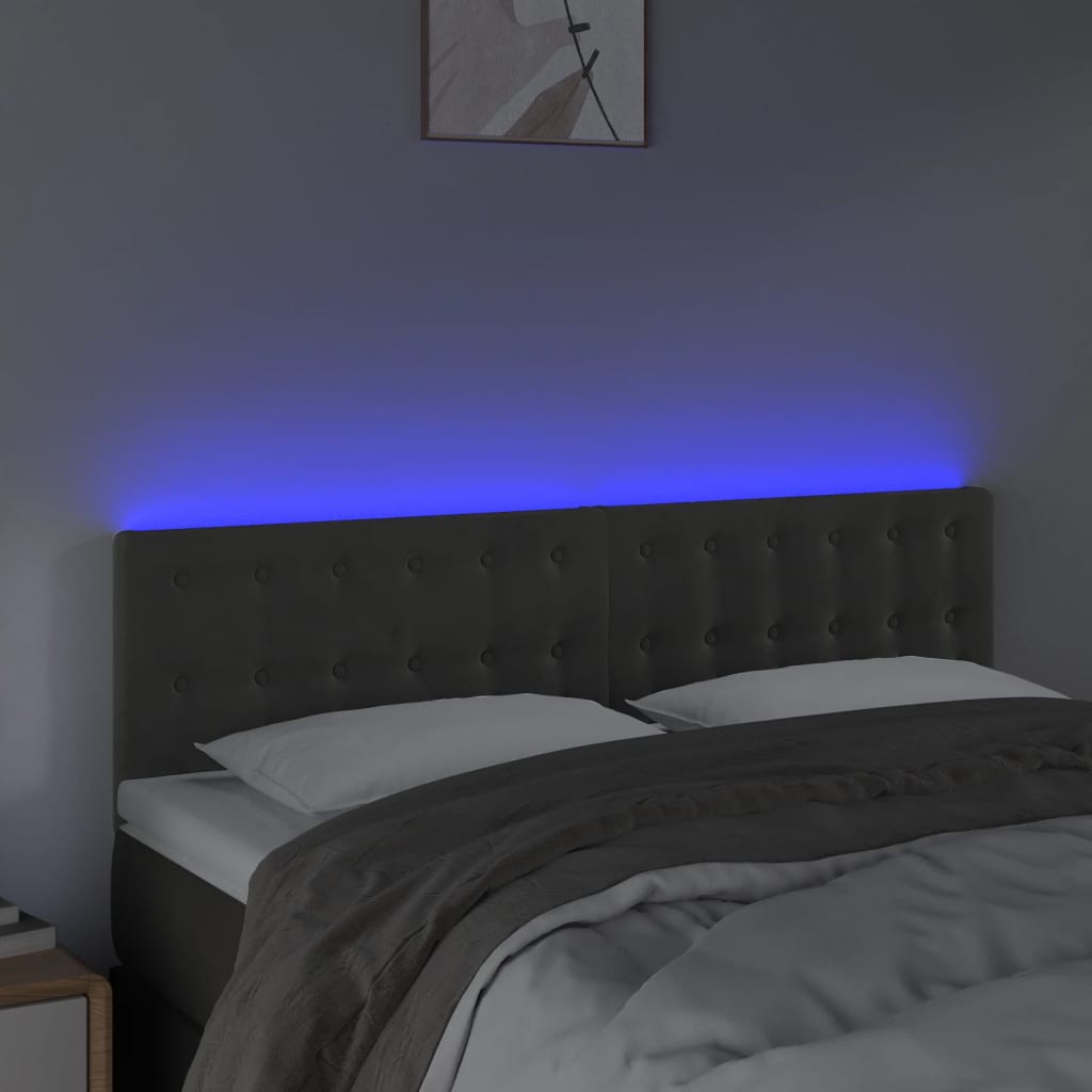 sengegavl med LED-lys 144x5x78/88 cm fløjl mørkegrå