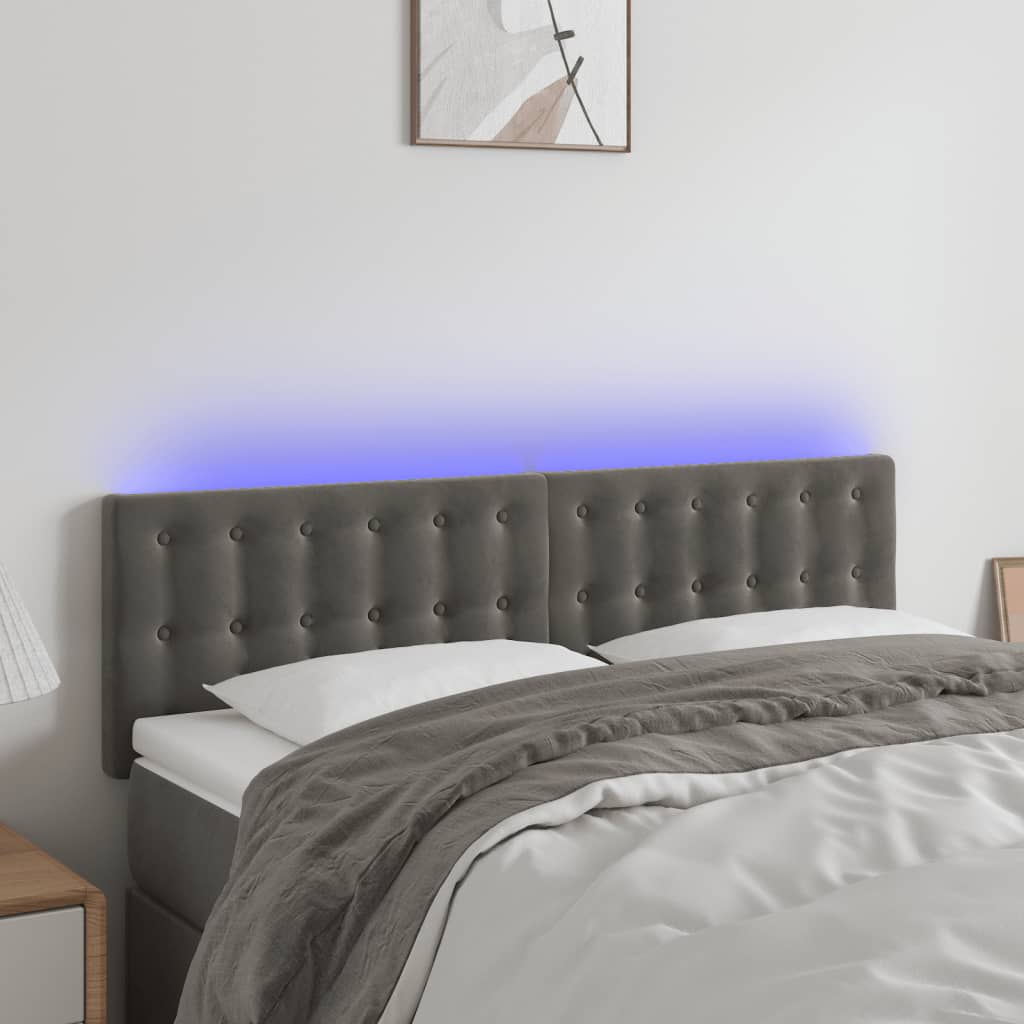sengegavl med LED-lys 144x5x78/88 cm fløjl mørkegrå