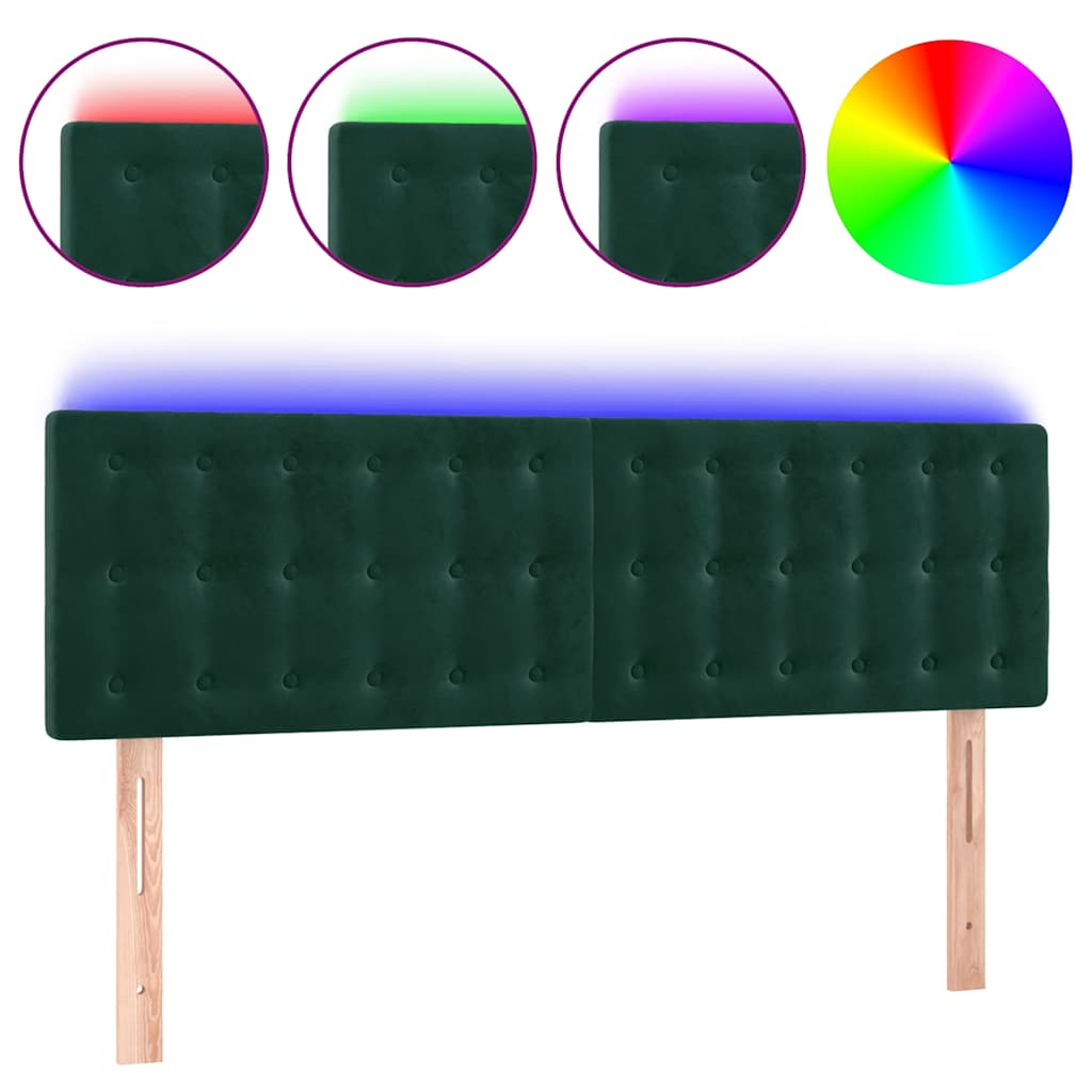 sengegavl med LED-lys 144x5x78/88 cm fløjl mørkegrøn