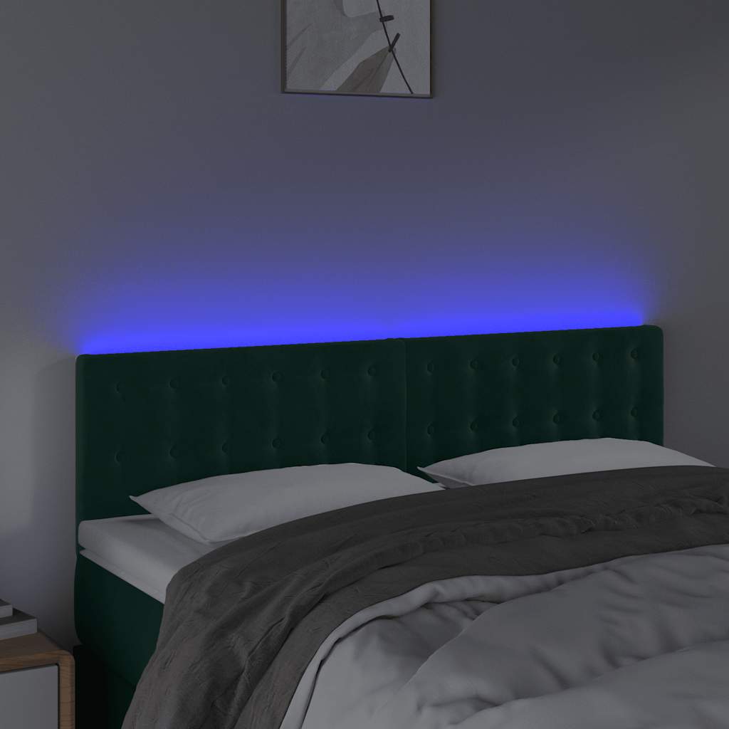 sengegavl med LED-lys 144x5x78/88 cm fløjl mørkegrøn