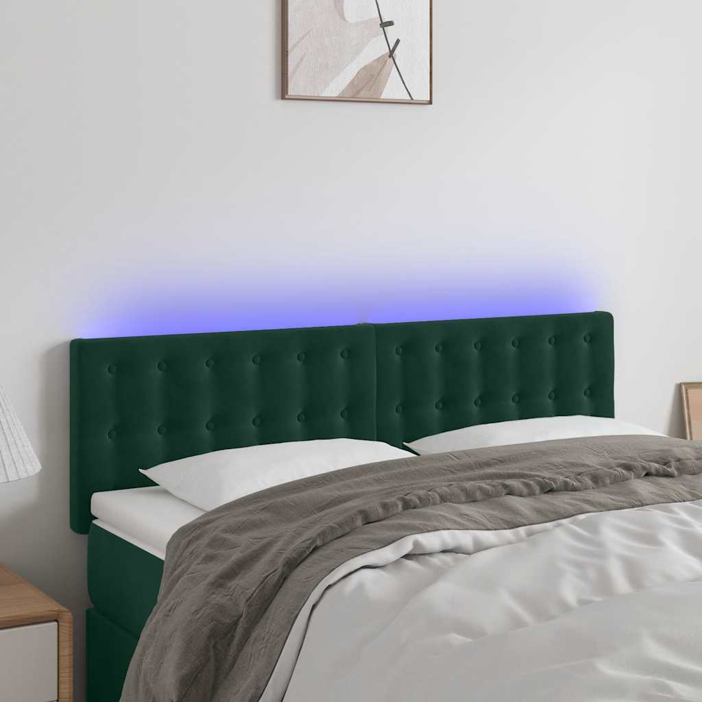 sengegavl med LED-lys 144x5x78/88 cm fløjl mørkegrøn