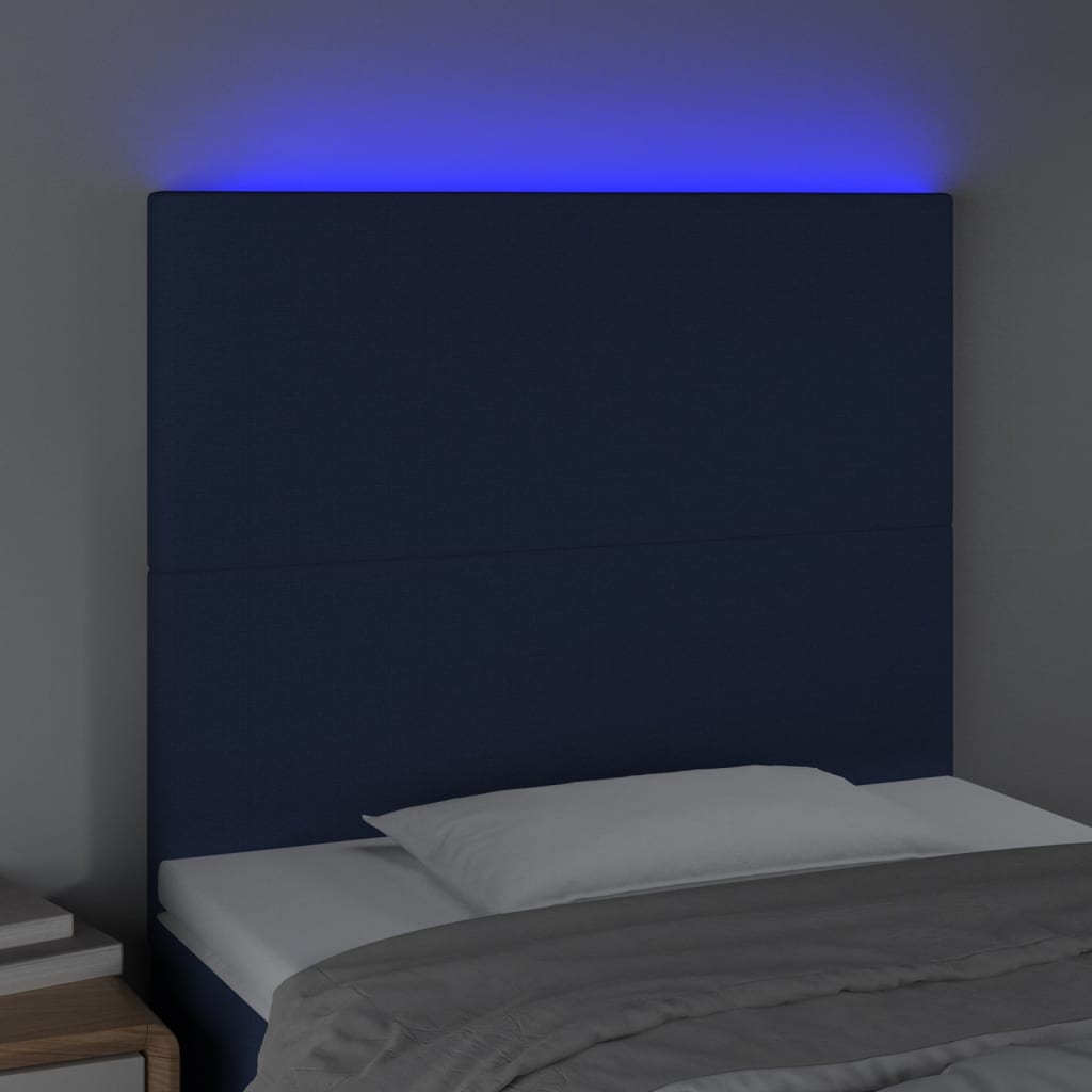 sengegavl med LED-lys 80x5x118/128 cm stof blå