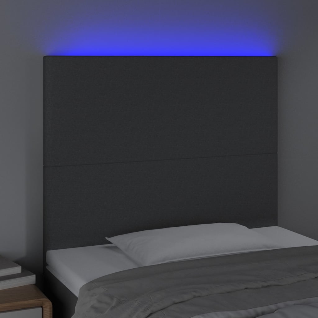 sengegavl med LED-lys 90x5x118/128 cm stof mørkegrå