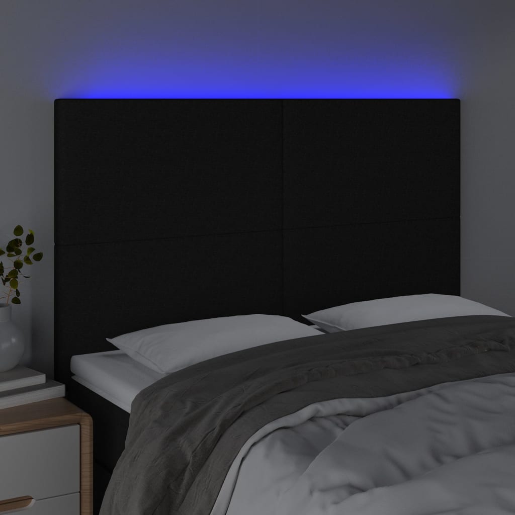 sengegavl med LED-lys 144x5x118/128 cm stof sort
