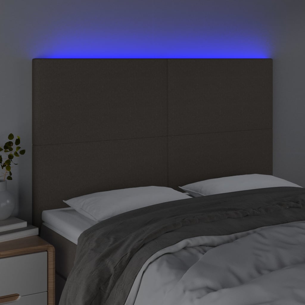 sengegavl med LED-lys 144x5x118/128 cm stof gråbrun