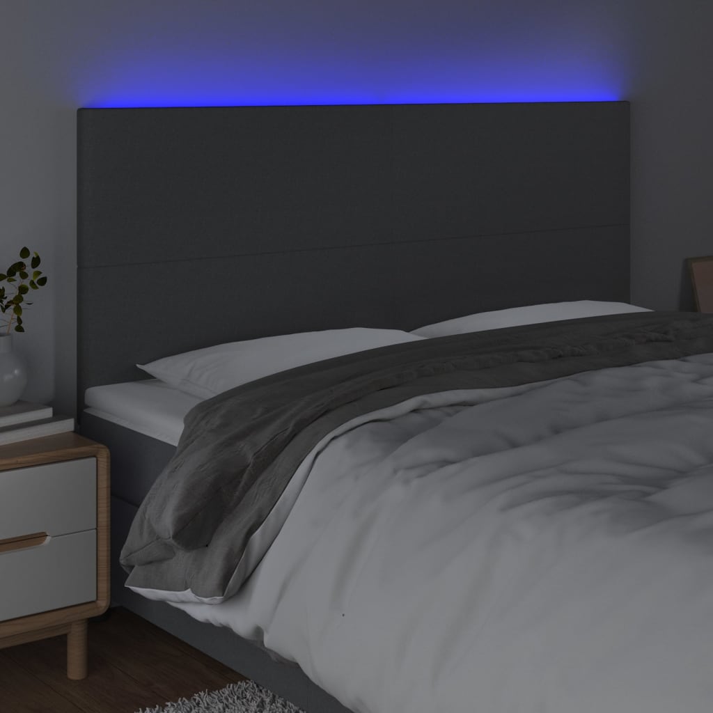 sengegavl med LED-lys 180x5x118/128 cm stof mørkegrå