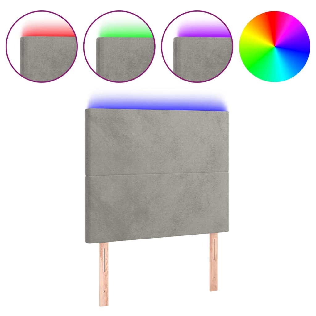 sengegavl med LED-lys 80x5x118/128 cm fløjl lysegrå