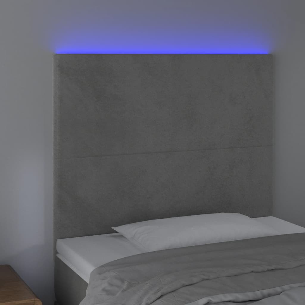 sengegavl med LED-lys 80x5x118/128 cm fløjl lysegrå