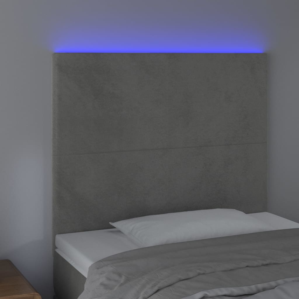 sengegavl med LED-lys 90x5x118/128 cm fløjl lysegrå