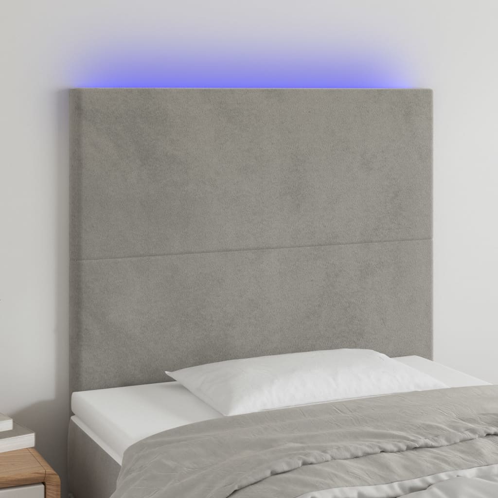 sengegavl med LED-lys 90x5x118/128 cm fløjl lysegrå
