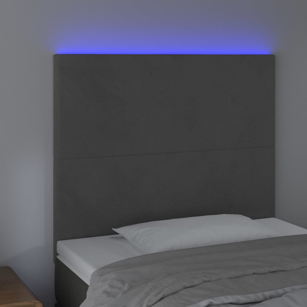 sengegavl med LED-lys 90x5x118/128 cm fløjl mørkegrå