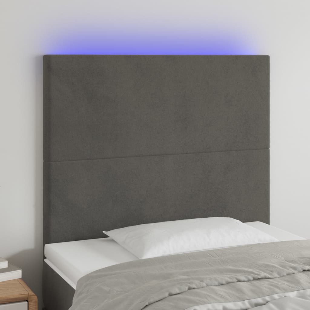 sengegavl med LED-lys 100x5x118/128 cm fløjl mørkegrå