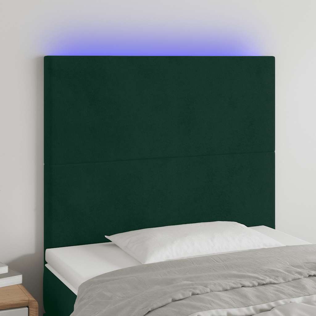 sengegavl med LED-lys 100x5x118/128 cm fløjl mørkegrøn