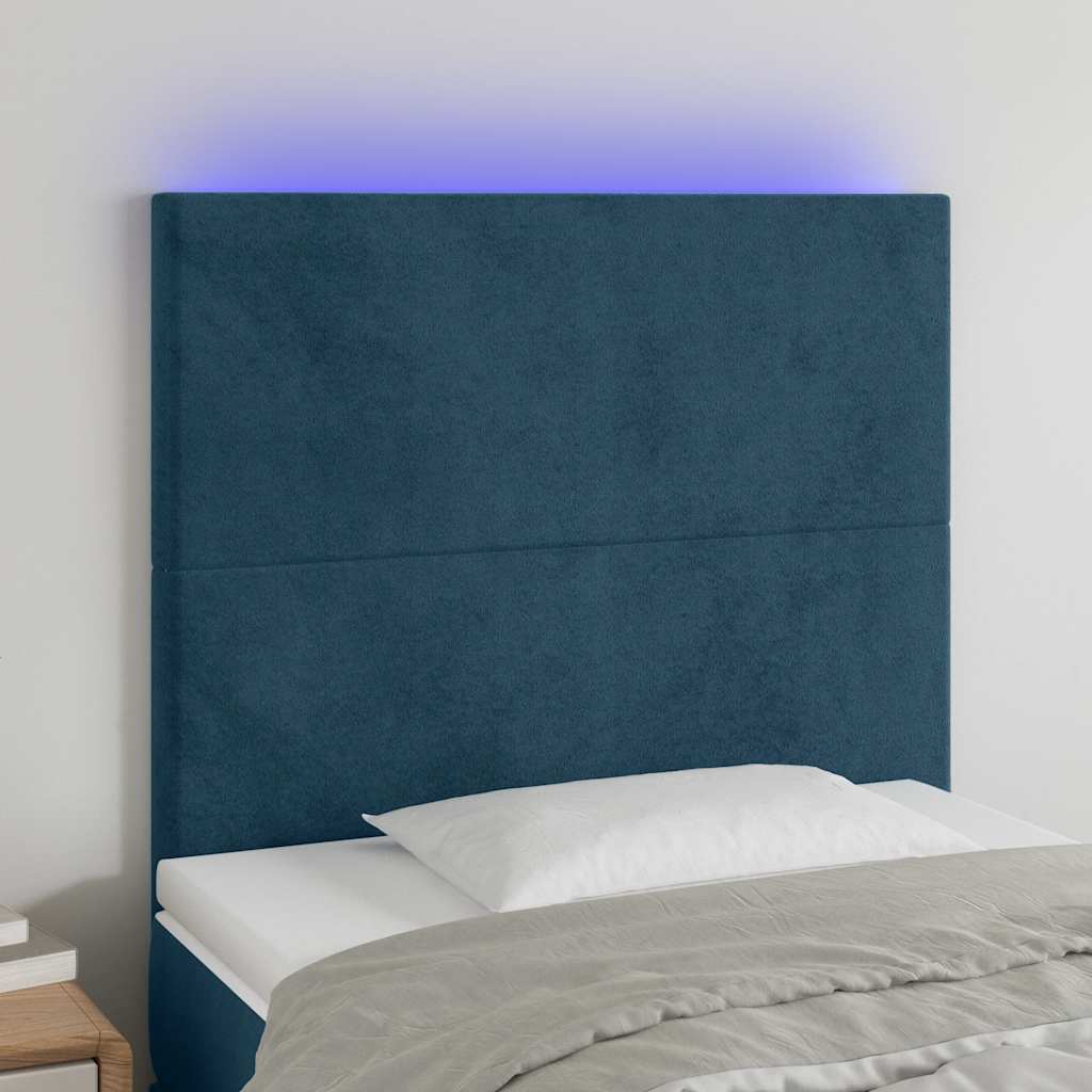 sengegavl med LED-lys 100x5x118/128 cm fløjl mørkeblå