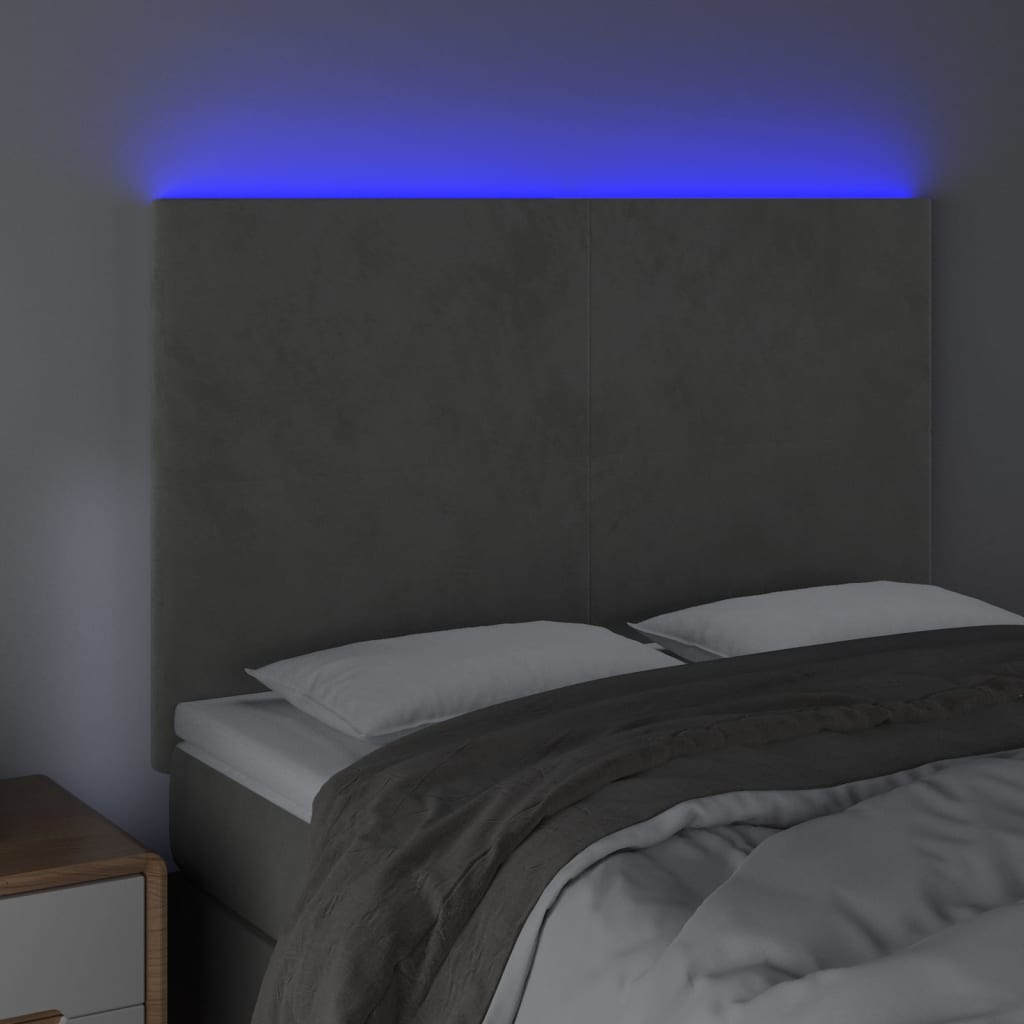sengegavl med LED-lys 144x5x118/128 cm fløjl lysegrå