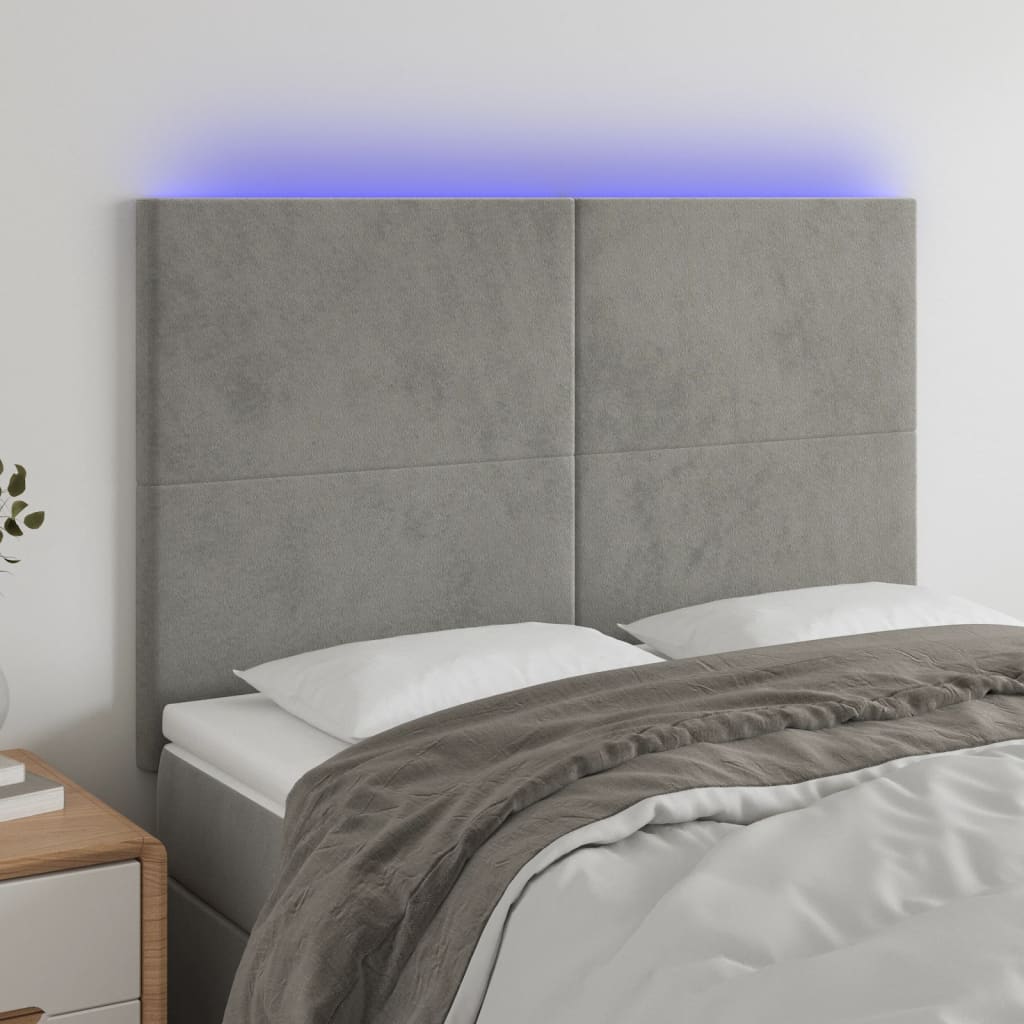 sengegavl med LED-lys 144x5x118/128 cm fløjl lysegrå